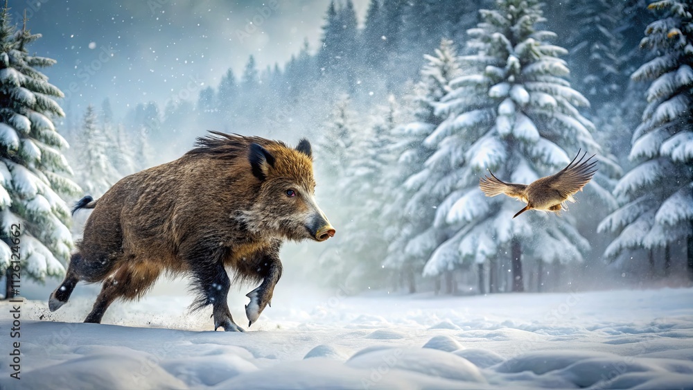Wild Boar in Snowy Forest Landscape with Bird Wild Boar in Snowy Forest Landscape with Bird