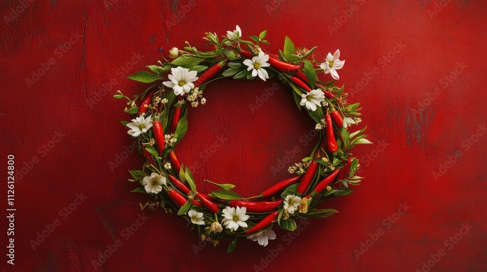 Spicy Floral Wreath on Red Background: A Culinary Delight Spicy Floral Wreath on Red Background: A Culinary Delight