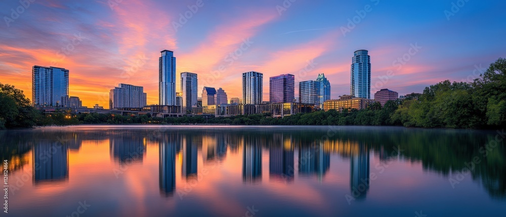 Obraz premium city skyline at sunset reflecting on water