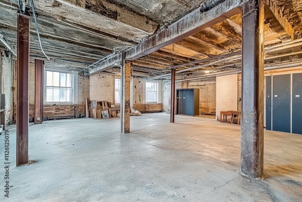 Spacious industrial interior with exposed beams and concrete floor, ideal for renovation. Spacious industrial interior with exposed beams and concrete floor, ideal for renovation.