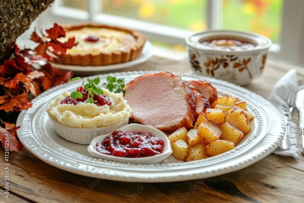 A delicious Thanksgiving-style meal featuring turkey, mashed potatoes, and cranberry sauce. A delicious Thanksgiving-style meal featuring turkey, mashed potatoes, and cranberry sauce.