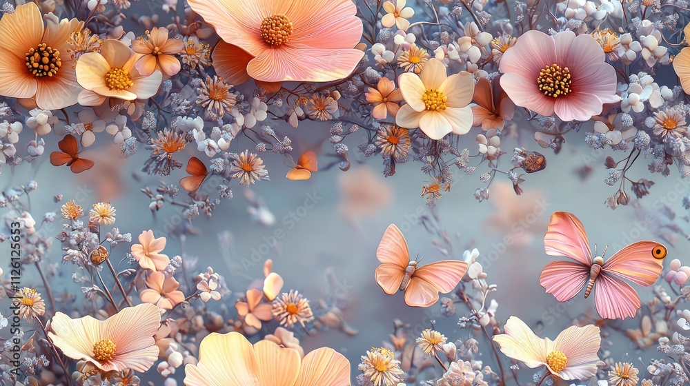 Fototapeta premium Pastel Flowers and Butterflies in a Serene Garden