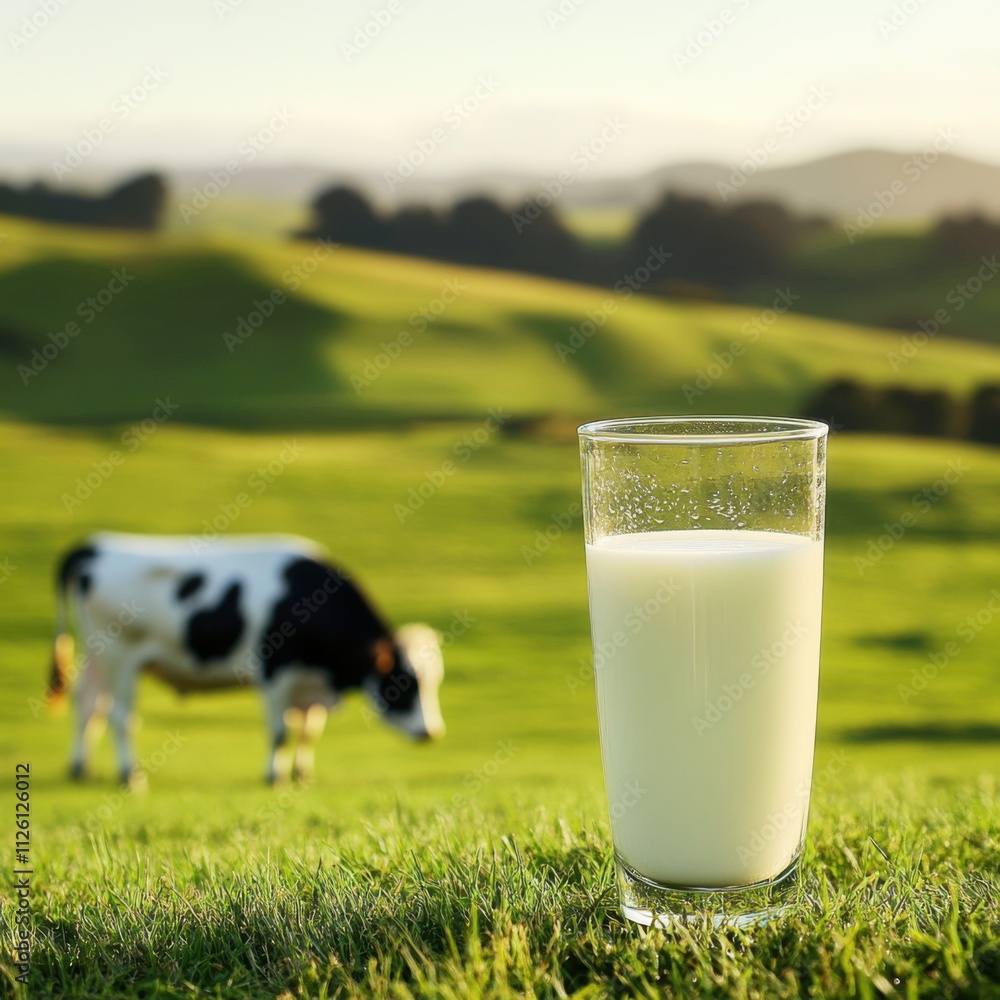 closeup glass of milk and cow in the background of a farm closeup glass of milk and cow in the background of a farm