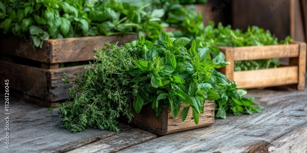 Fresh herbs displayed in wooden crates, emphasizing natural ingredients for cooking. Fresh herbs displayed in wooden crates, emphasizing natural ingredients for cooking.