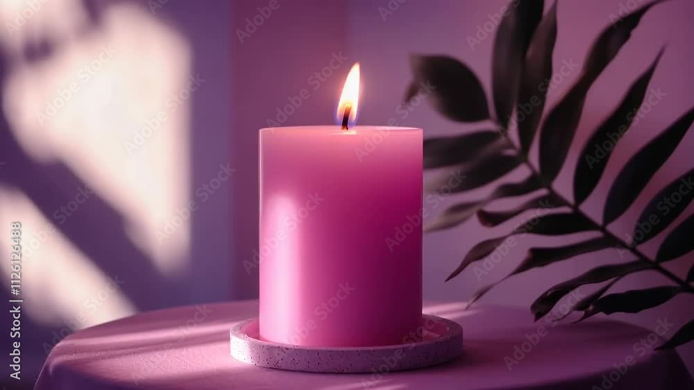 Serene lavender candle with gentle flame soft shadows Serene lavender candle with gentle flame soft shadows