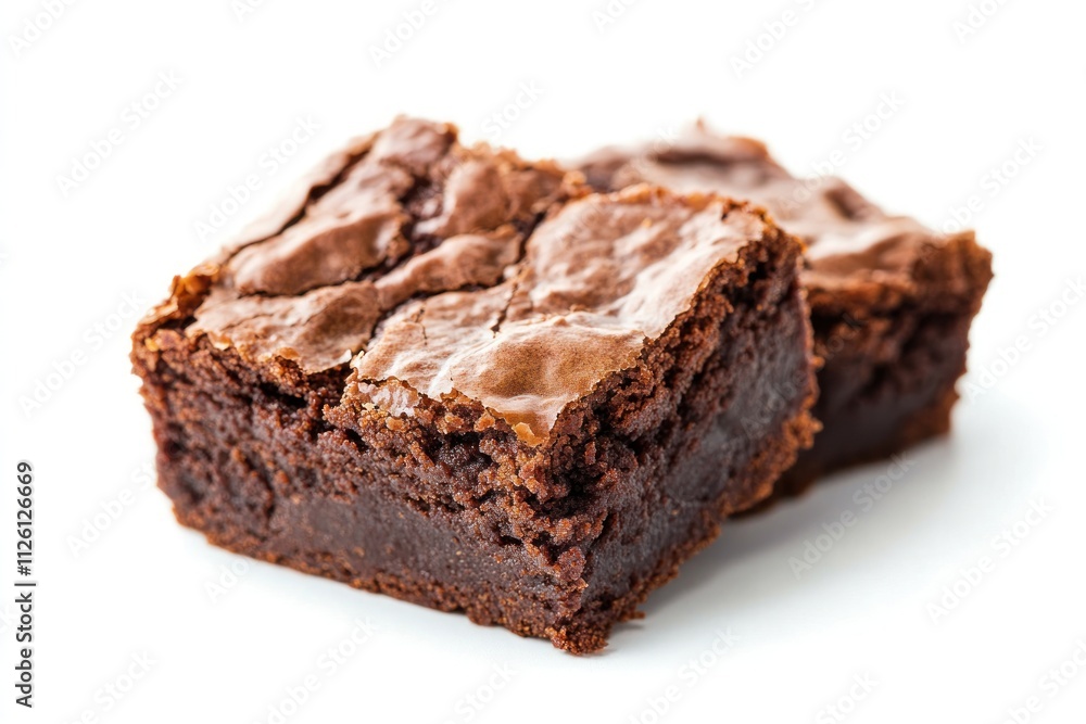 Two rich chocolate brownies with a glossy top, perfect for dessert or a sweet treat. Two rich chocolate brownies with a glossy top, perfect for dessert or a sweet treat.