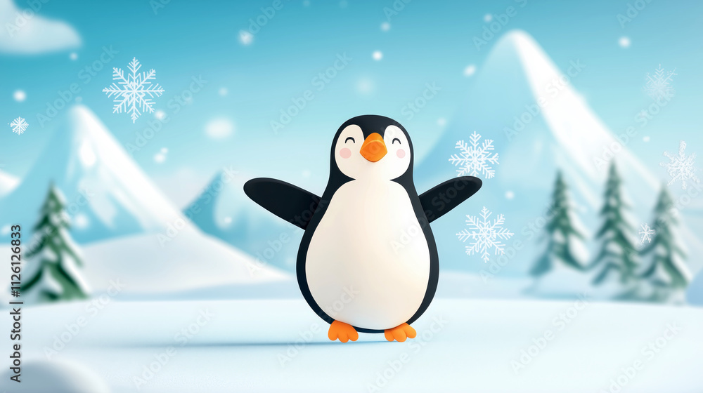 Fototapeta premium Cheerful cartoon penguin in a snowy winter landscape