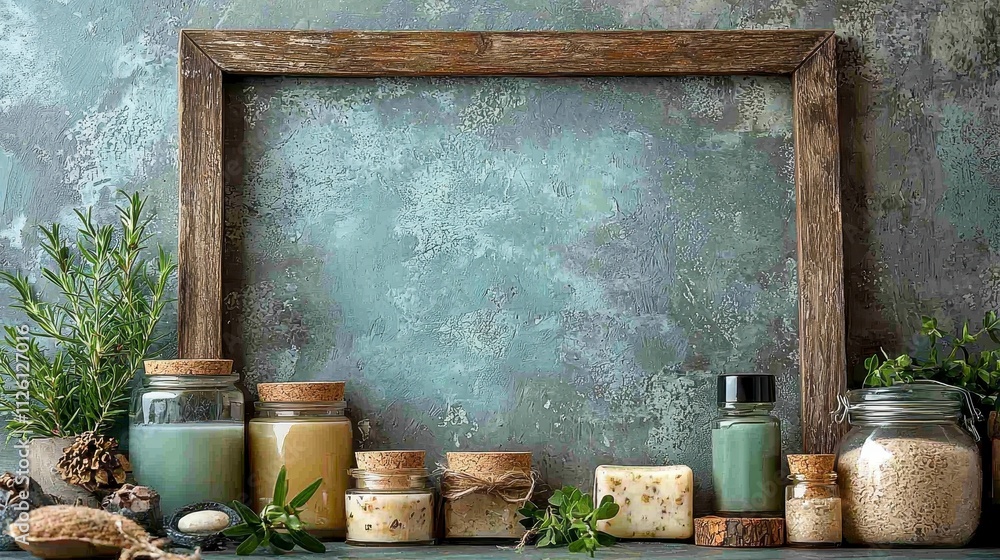Rustic jars and natural elements framed against a textured wall, creating a serene and aesthetic display of organic products. Rustic jars and natural elements framed against a textured wall, creating a serene and aesthetic display of organic products.