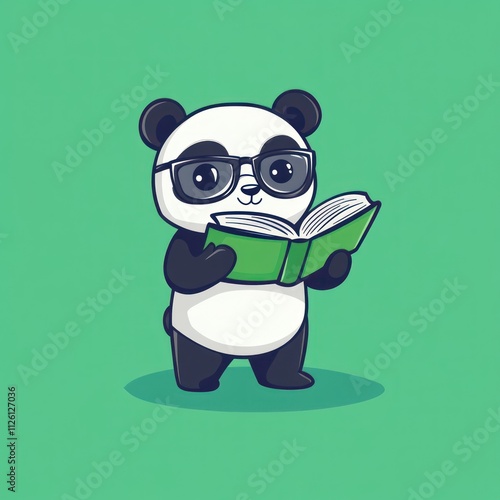 A cute panda wearing glasses reading a book against a green background.