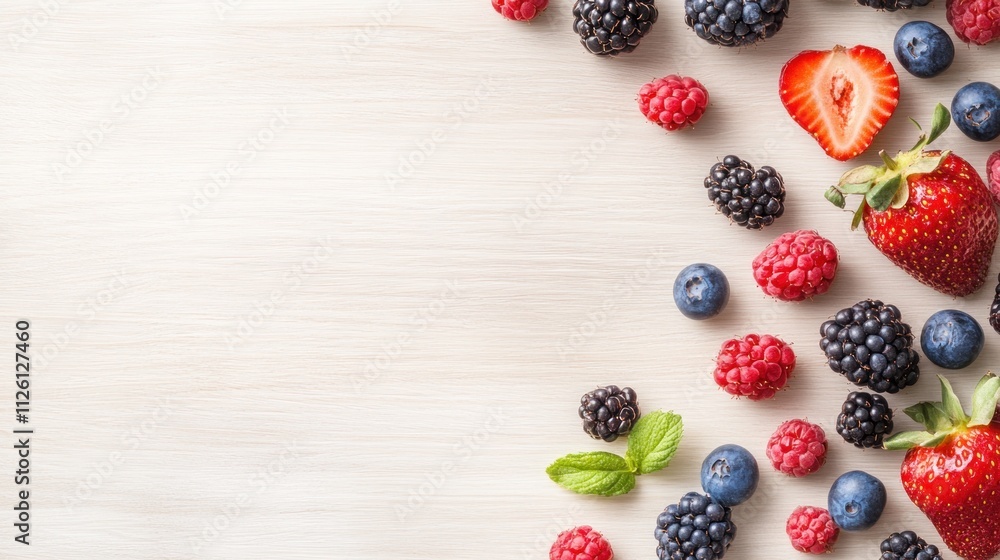 A variety of fresh berries arranged on a light wooden surface. A variety of fresh berries arranged on a light wooden surface.