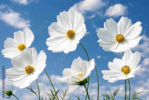 White cosmos flower, low angle shot, sky background photo