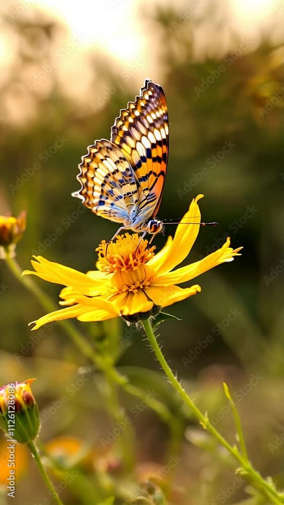 Close up of butterfly perched on a vibrant yellow wildflower. Close up of butterfly perched on a vibrant yellow wildflower.