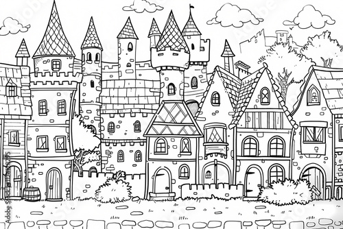 A charming black and white illustration of a medieval village with whimsical houses, towers, and surrounding greenery, perfect for coloring.