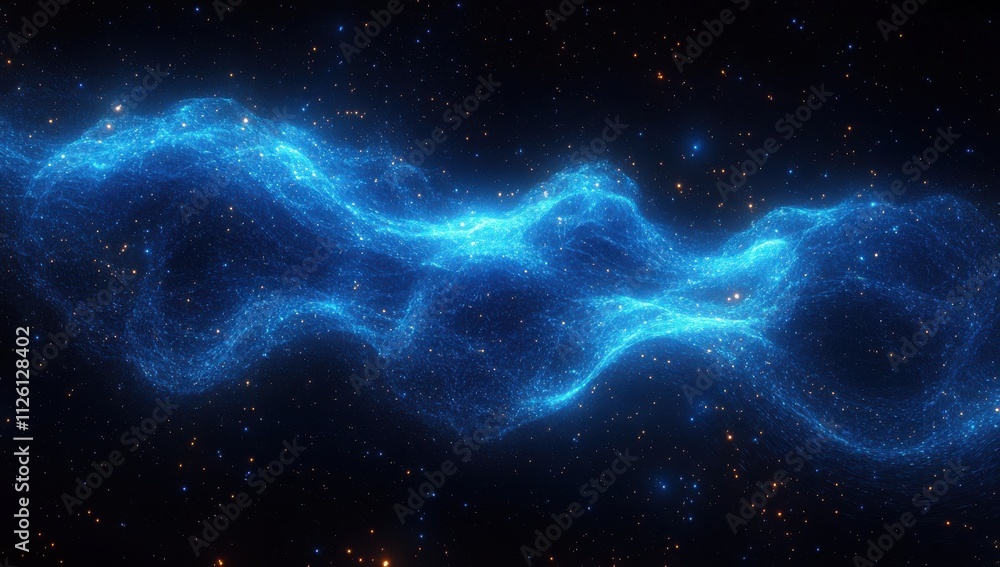 Abstract blue glowing particle waves on a black background. Digital abstract futuristic design for technology