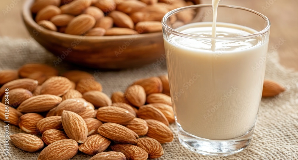 A glass of almond milk beside raw almonds in a wooden bowl on a rustic surface. A glass of almond milk beside raw almonds in a wooden bowl on a rustic surface.