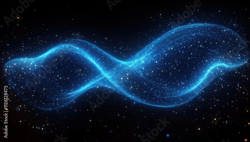 Abstract blue glowing particle waves on a black background. Digital abstract futuristic design for technology