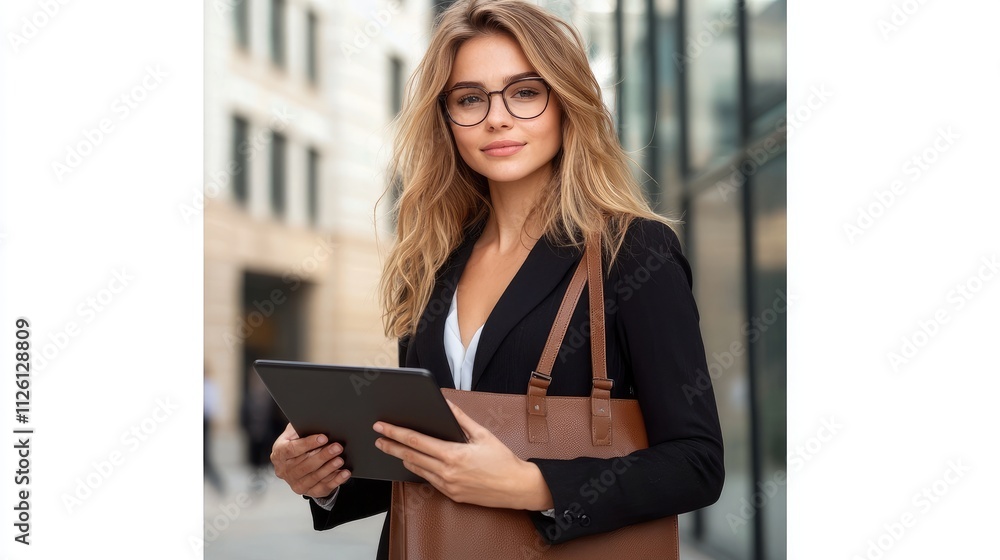 Fototapeta premium Businesswoman engaging with tablet on city street modern office environment professional lifestyle portrait