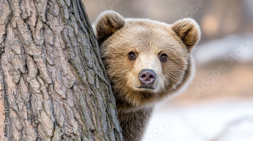 Curious grizzly bear observing nature forested habitat wildlife photography close-up perspective animal behavior insights photo