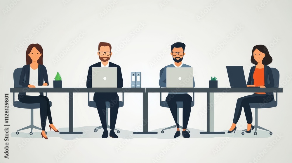 Office Workspace with Employees Engaged in Flat Design Illustration Office Workspace with Employees Engaged in Flat Design Illustration