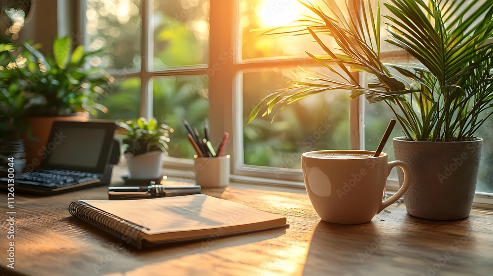 Morning Coffee, Plants, Notebook: Peaceful Workspace Morning Coffee, Plants, Notebook: Peaceful Workspace