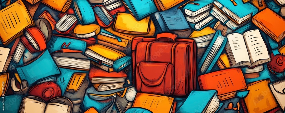 Obraz premium A chaotic arrangement of colorful books with a red suitcase in the center.