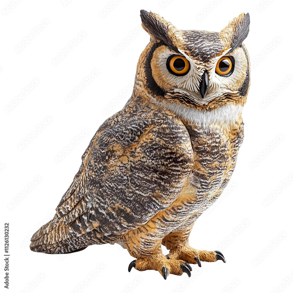 ANGLED VIEW of a perfectly made hyper realistic Great Horned Owl bird soft toy isolated on a white transparent background ANGLED VIEW of a perfectly made hyper realistic Great Horned Owl bird soft toy isolated on a white transparent background