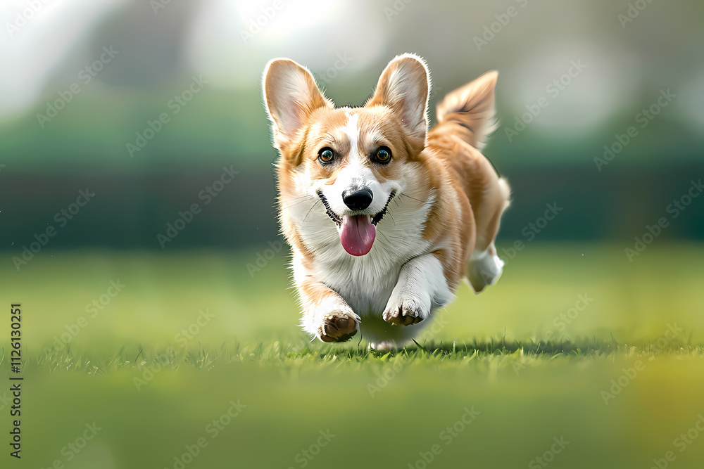 A playful Corgi dog running joyfully through a sunny green field with its tongue out, capturing the essence of happiness and energy. A playful Corgi dog running joyfully through a sunny green field with its tongue out, capturing the essence of happiness and energy.