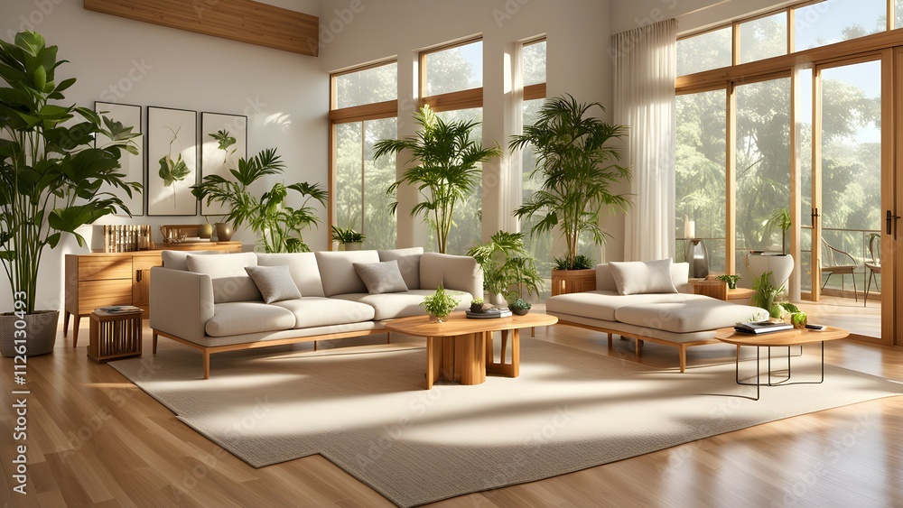 Fototapeta premium A modern, bright living room filled with plants and natural light, designed for relaxation.
