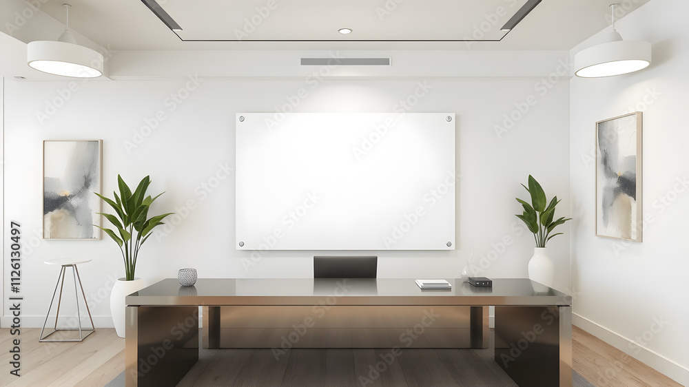 Modern office lobby interior with empty white mock up banner and Metal Reception desk. 3D Rendering. Modern office lobby interior with empty white mock up banner and Metal Reception desk. 3D Rendering.