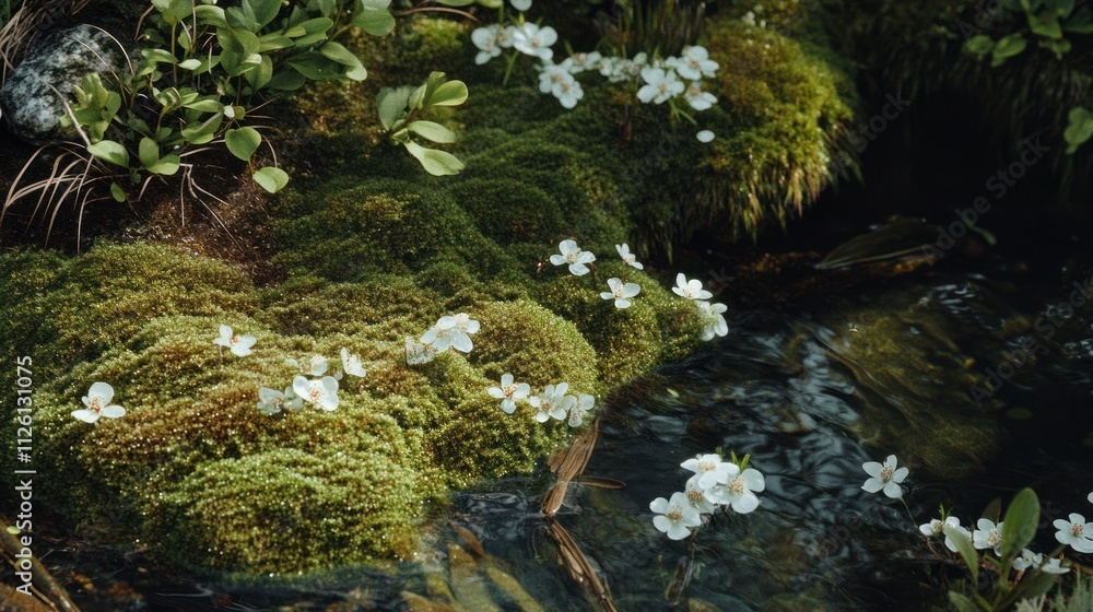 Serene Spring Creek: Mossy Banks Adorned with Delicate White Blossoms Serene Spring Creek: Mossy Banks Adorned with Delicate White Blossoms