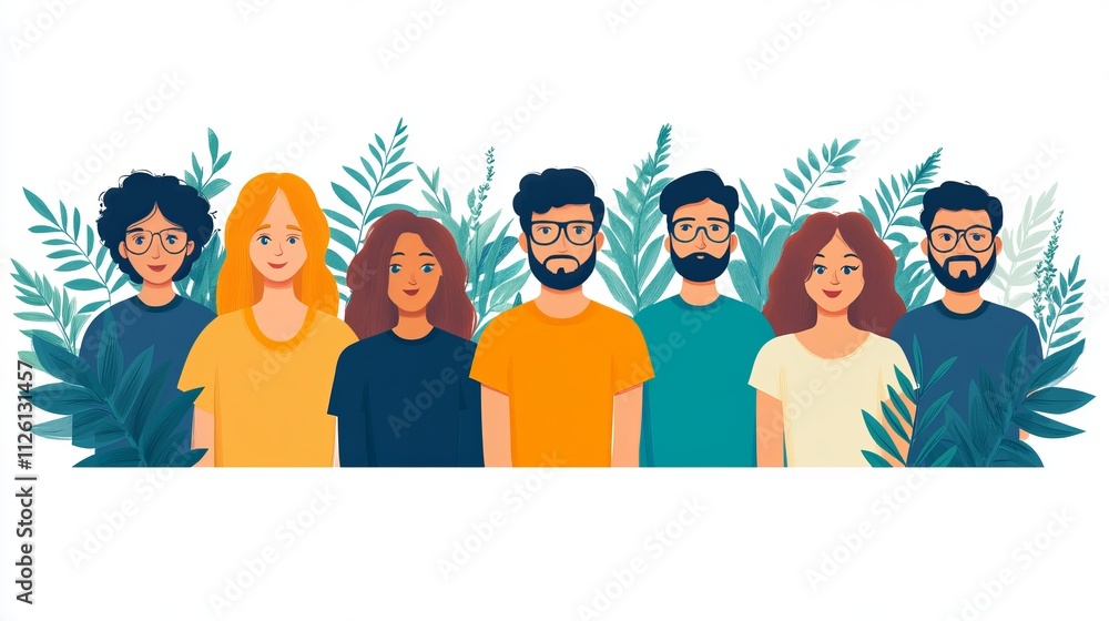 Diverse Group of People Surrounded by Greenery in Flat Design