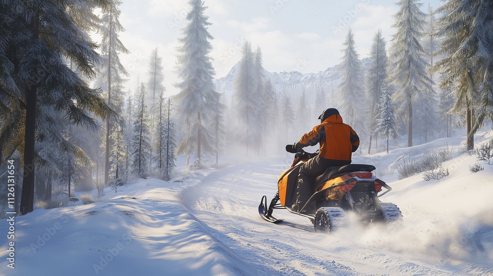 A snowmobile rider crosses a hilly track in a snowy forest, Ai generated images A snowmobile rider crosses a hilly track in a snowy forest, Ai generated images