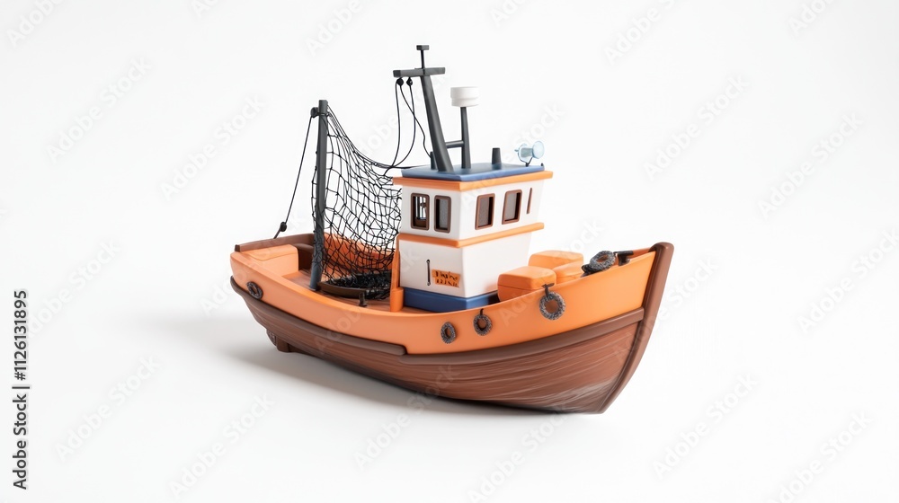 A colorful toy fishing boat with a net, designed for children's play and imagination. A colorful toy fishing boat with a net, designed for children's play and imagination.