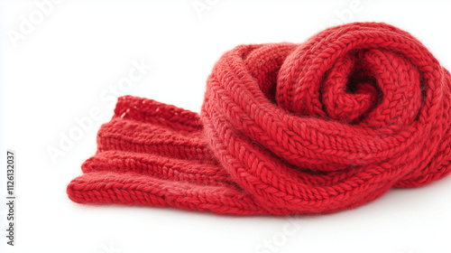 Red Knitted Scarf: A cozy and warm red knitted scarf, perfect for winter fashion, is beautifully rolled up, inviting you to wrap yourself in its comfort.  
