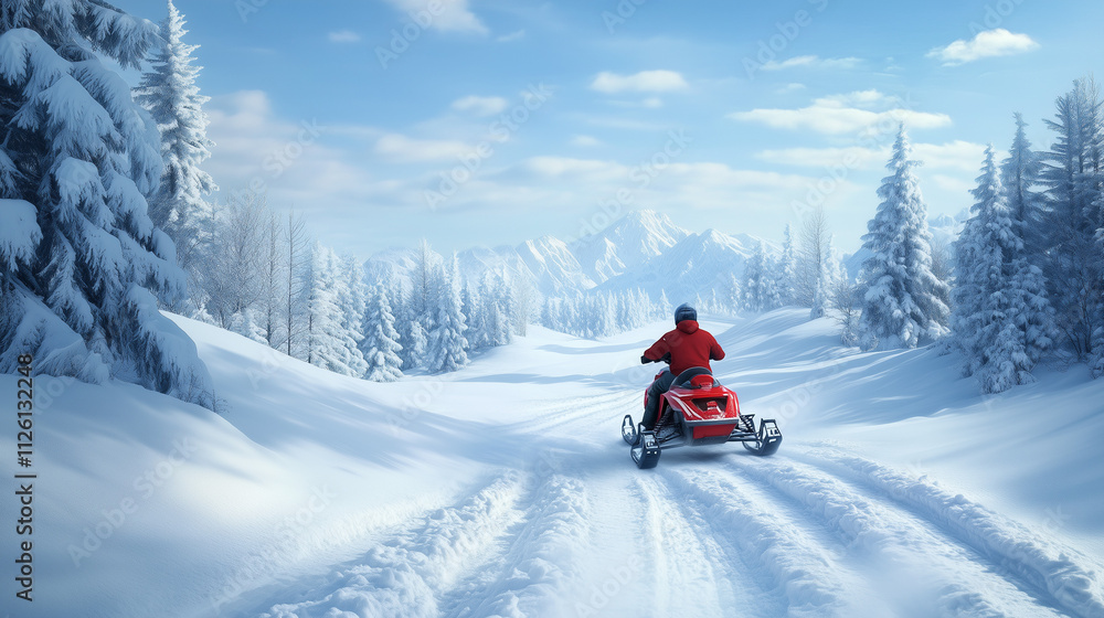 a person riding a bright red snowmobile through thick snow on a snowy mountain, the tracks of the snowmobile's wheels are clearly visible behind him, Ai generated images a person riding a bright red snowmobile through thick snow on a snowy mountain, the tracks of the snowmobile's wheels are clearly visible behind him, Ai generated images