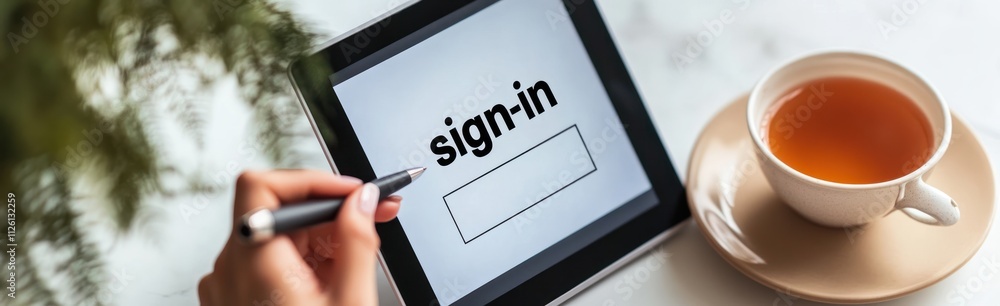 A hand using a stylus on a tablet displaying a sign-in screen next to a cup of tea. A hand using a stylus on a tablet displaying a sign-in screen next to a cup of tea.