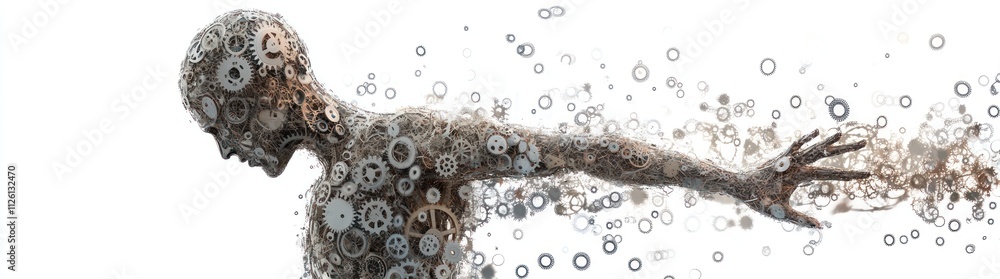 Obraz premium A human figure dissolving into mechanical elements, symbolizing the fusion of humanity and technology.