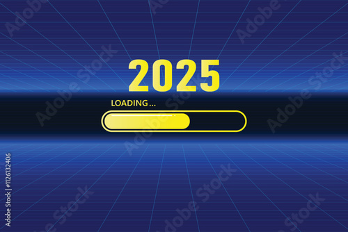 Yellow loading bar to 2025 on Retro Futurism Sci-Fi Background. glowing green neon grid. and stars from vintage arcade computer background. New Year concept