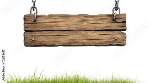 Blank Wooden Sign with Grass and Chains photo