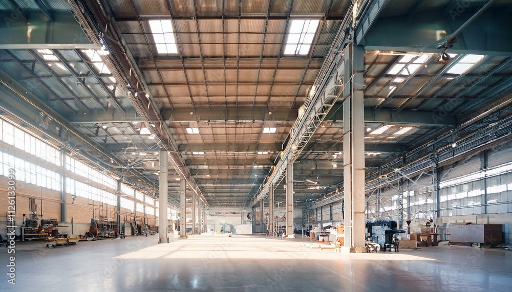 A wide-angle view of an industrial factory featuring metal beams, large windows, and open interior spaces. A wide-angle view of an industrial factory featuring metal beams, large windows, and open interior spaces.