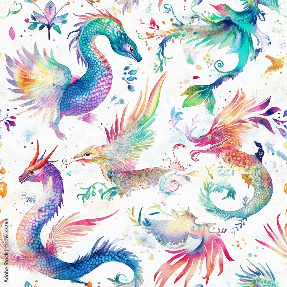 Obraz premium Whimsical Watercolor Mythical Creatures and Dragons