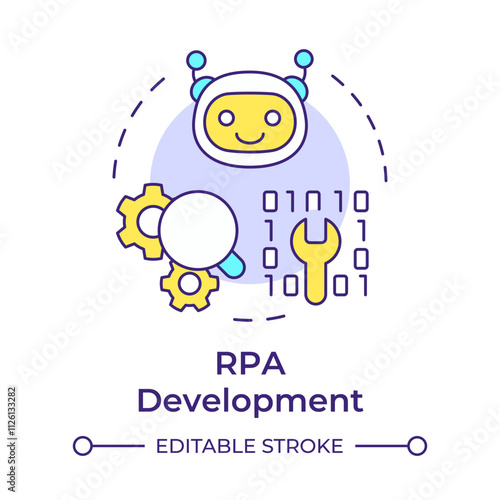 RPA development multi color concept icon. Bot automating specific tasks. Coding optimization technology. Round shape line illustration. Abstract idea. Graphic design. Easy to use in article