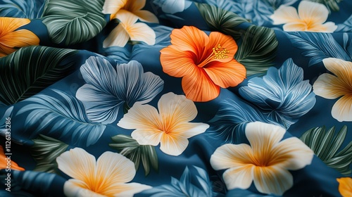 Wallpaper Mural Tropical floral fabric pattern, blue colors, and oversized flowers Torontodigital.ca