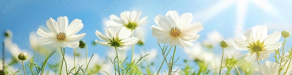 Naklejka premium A field of white flowers under a bright blue sky, evoking a sense of peace and beauty.
