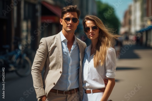 A man and a woman are standing on a sidewalk, both wearing suits and sunglasses