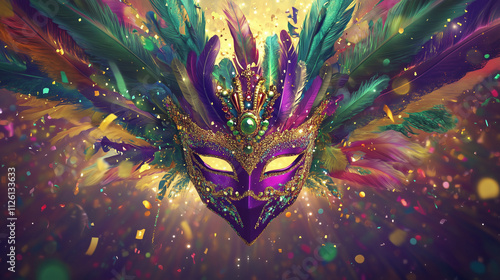 large Mardi Gras themed banner with gradient background from purple to green, decorative elements in the form of beads, masks and colorful feathers adorn the edges, Ai generated images photo