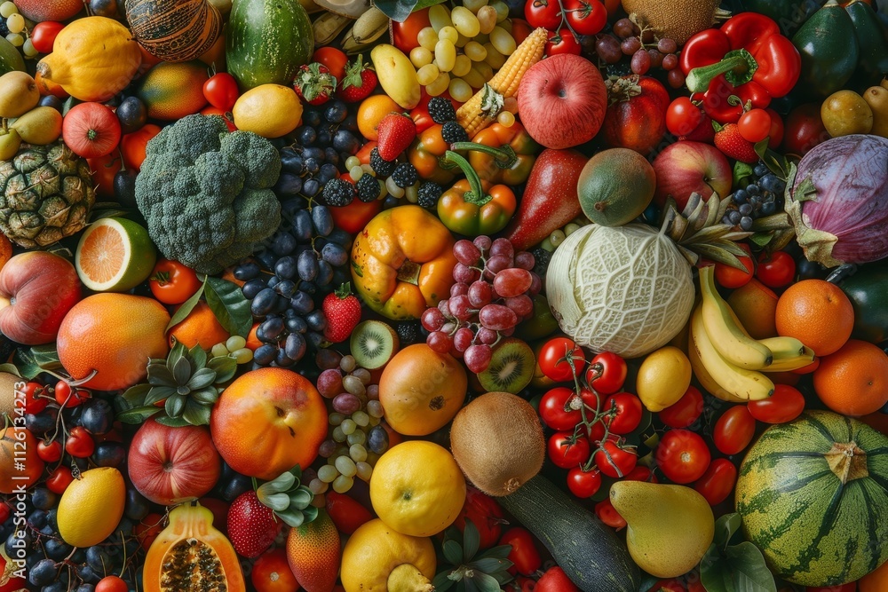 An assortment of fresh fruits and vegetables is beautifully displayed, highlighting the variety of shapes, colors, and textures, inviting viewers into a healthy culinary experience. An assortment of fresh fruits and vegetables is beautifully displayed, highlighting the variety of shapes, colors, and textures, inviting viewers into a healthy culinary experience.