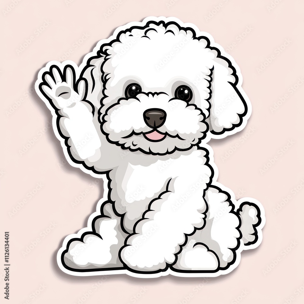 A cute cartoon illustration of a fluffy white dog waving its paw. A cute cartoon illustration of a fluffy white dog waving its paw.