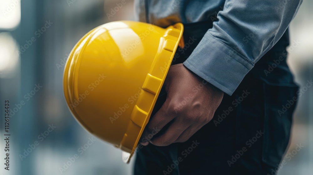 Close-up of a Construction Worker Holding a Yellow Hard Hat Close-up of a Construction Worker Holding a Yellow Hard Hat