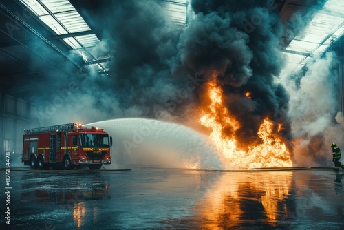 Firefighters battle intense blaze at industrial warehouse action scene urban environment dramatic viewpoint emergency response concept photo